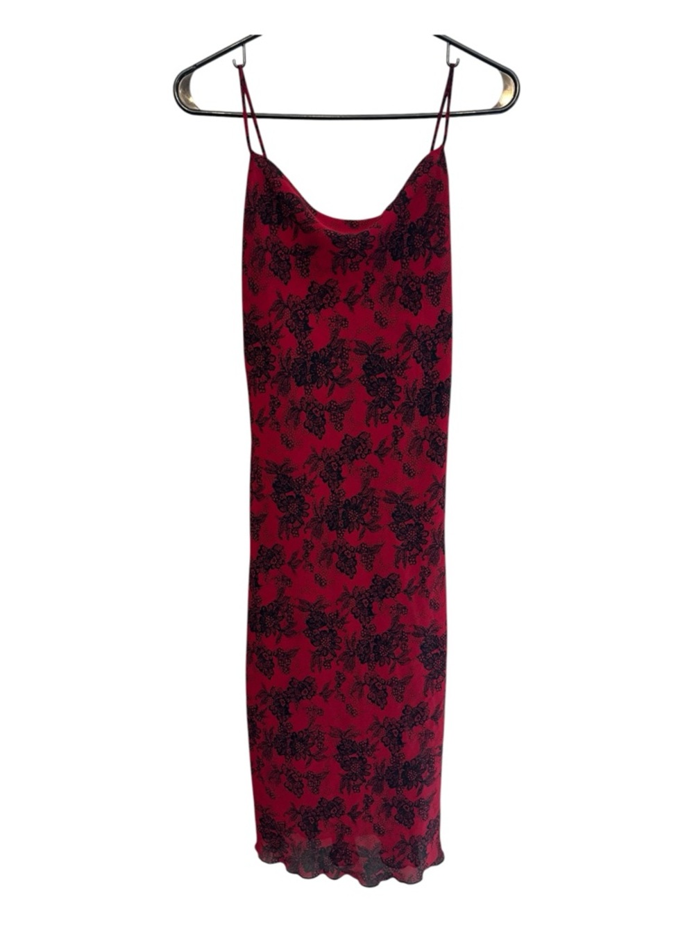 Vintage Y2K A’gaci Red Slip Midi Dress with Black Floral Lace Overlay Small